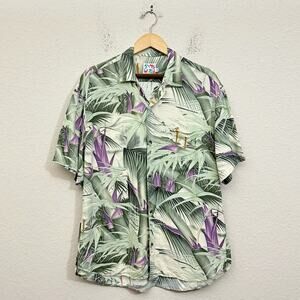 JAMS WORLD Shirt Sage Green Palm Leaves Button Up Hawaiian Tropical Beach